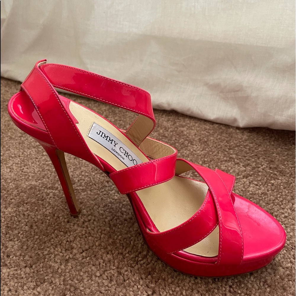 Jimmy Choo Patent Hot Pink Sandal Heels